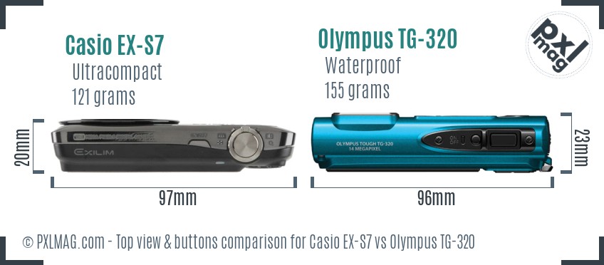 Casio EX-S7 vs Olympus TG-320 top view buttons comparison