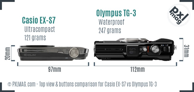 Casio EX-S7 vs Olympus TG-3 top view buttons comparison