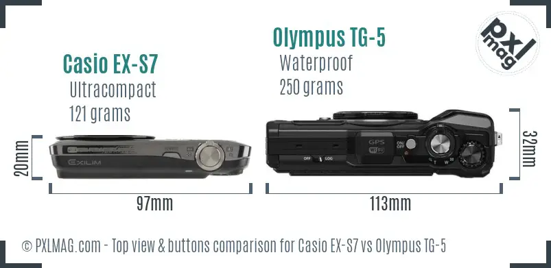 Casio EX-S7 vs Olympus TG-5 top view buttons comparison