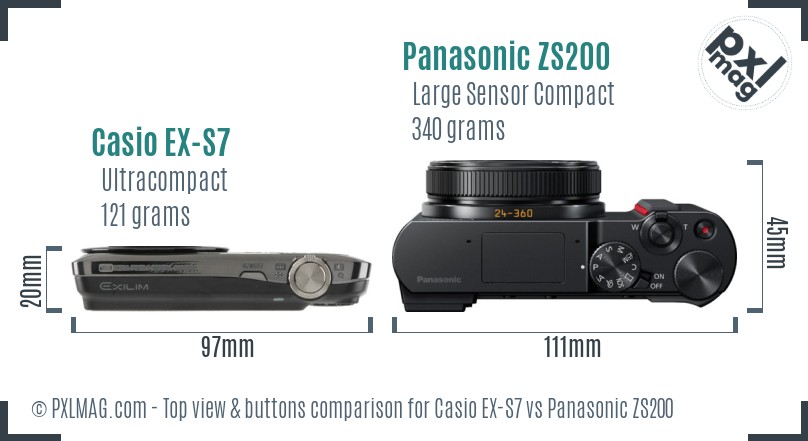 Casio EX-S7 vs Panasonic ZS200 top view buttons comparison