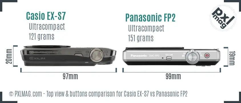 Casio EX-S7 vs Panasonic FP2 top view buttons comparison