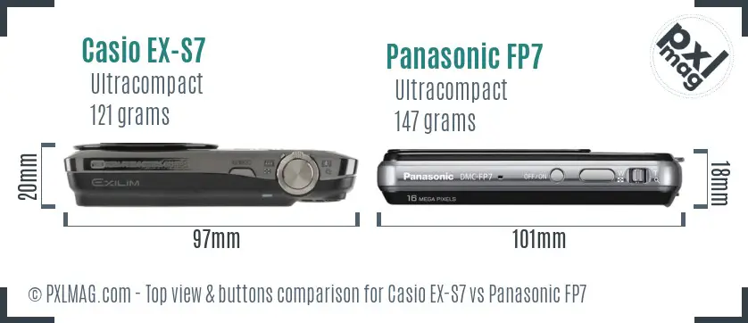 Casio EX-S7 vs Panasonic FP7 top view buttons comparison