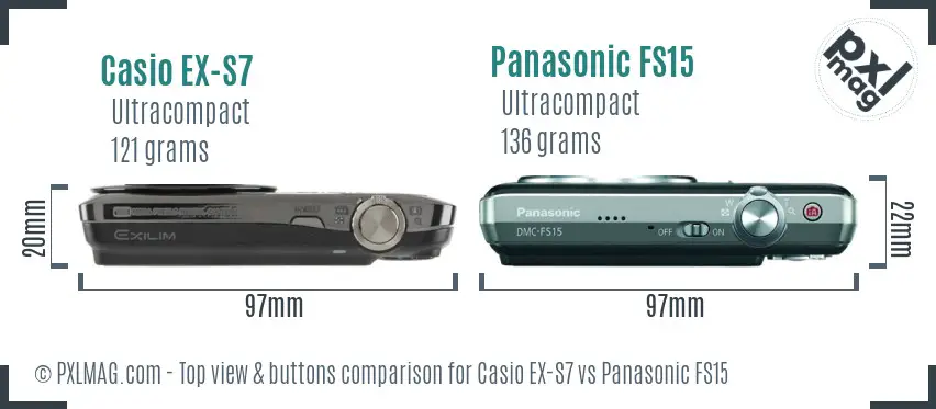 Casio EX-S7 vs Panasonic FS15 top view buttons comparison