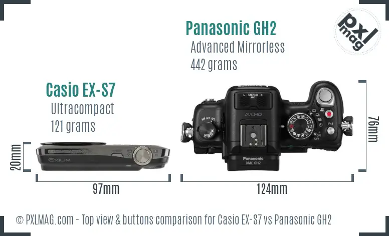Casio EX-S7 vs Panasonic GH2 top view buttons comparison