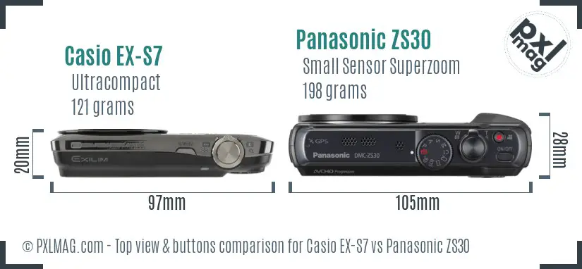 Casio EX-S7 vs Panasonic ZS30 top view buttons comparison