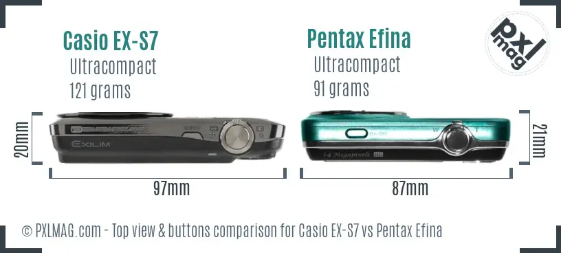 Casio EX-S7 vs Pentax Efina top view buttons comparison