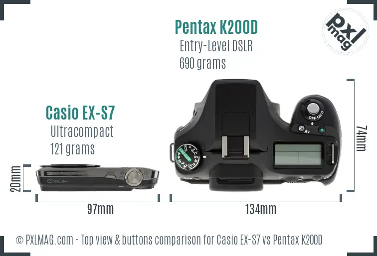 Casio EX-S7 vs Pentax K200D top view buttons comparison
