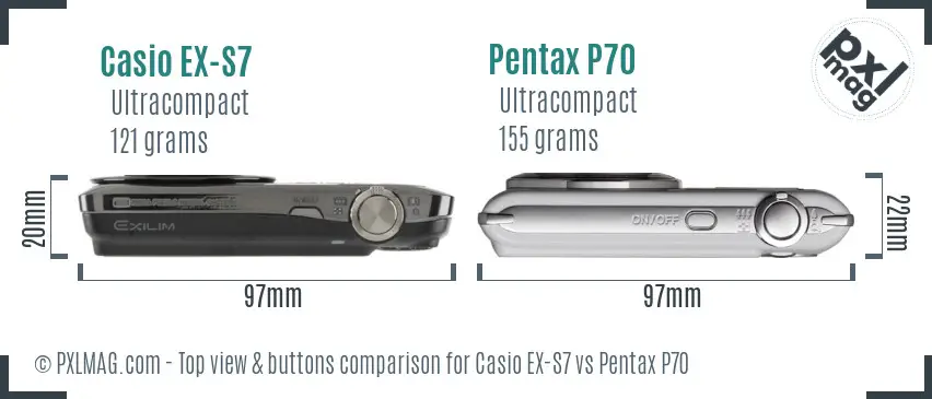 Casio EX-S7 vs Pentax P70 top view buttons comparison