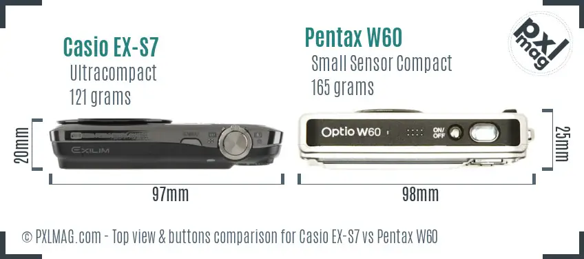 Casio EX-S7 vs Pentax W60 top view buttons comparison