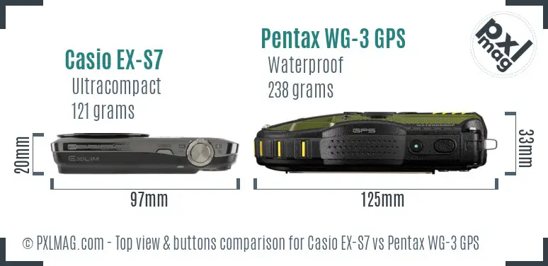 Casio EX-S7 vs Pentax WG-3 GPS top view buttons comparison Casio EX-S7 vs Pentax WG-3 GPS top view buttons comparison