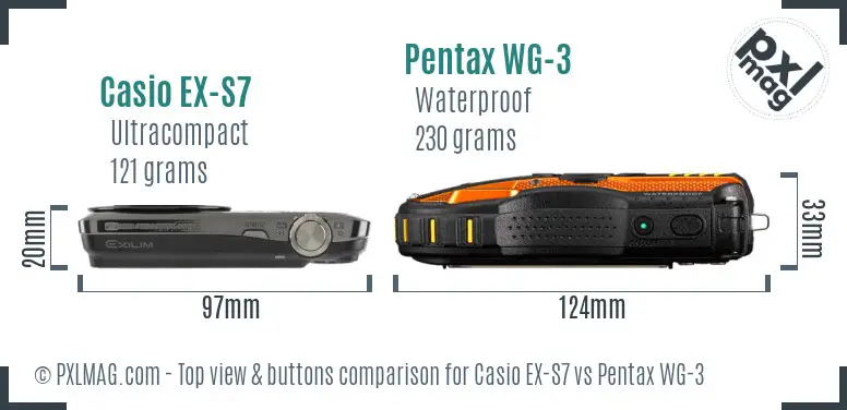 Casio EX-S7 vs Pentax WG-3 top view buttons comparison