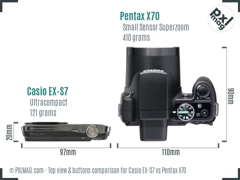 Casio EX-S7 vs Pentax X70 top view buttons comparison