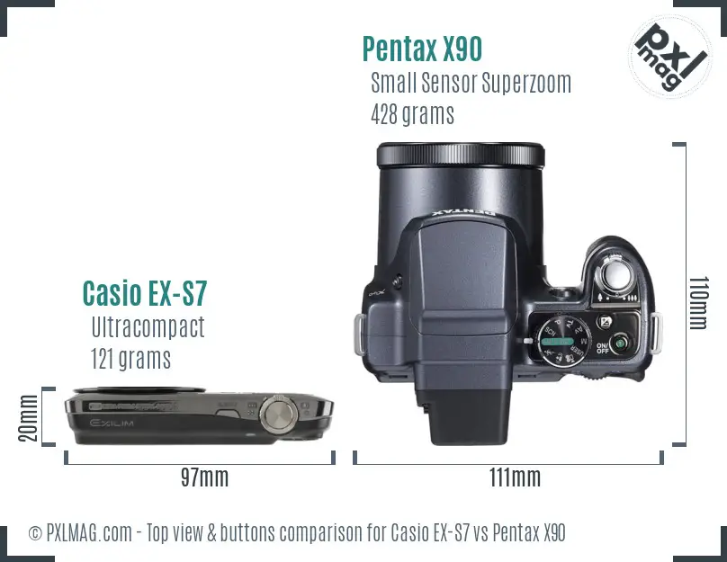 Casio EX-S7 vs Pentax X90 top view buttons comparison