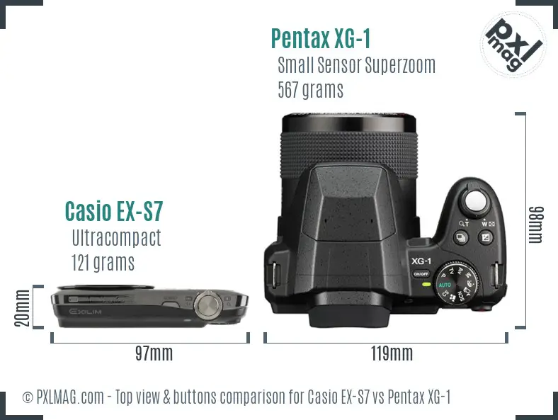 Casio EX-S7 vs Pentax XG-1 top view buttons comparison