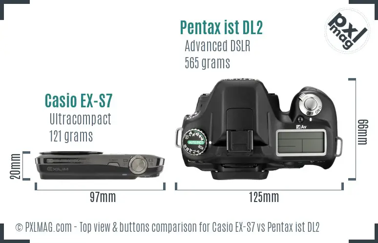 Casio EX-S7 vs Pentax ist DL2 top view buttons comparison