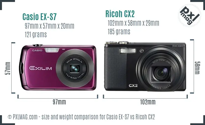 Casio EX-S7 vs Ricoh CX2 size comparison