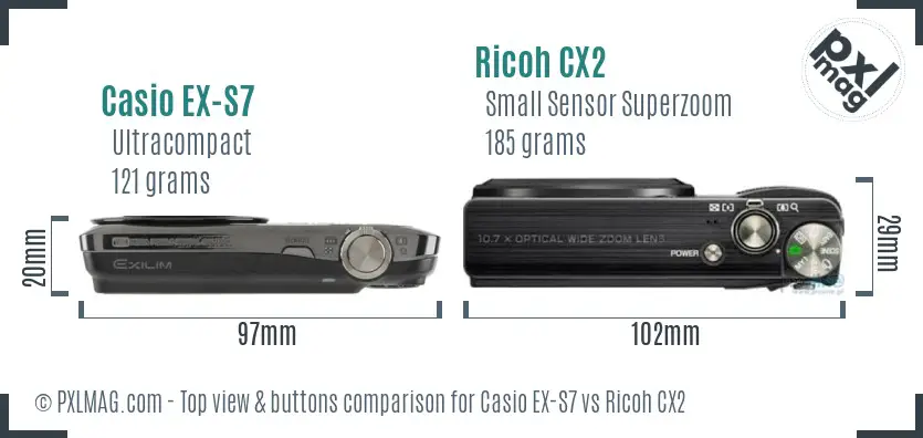 Casio EX-S7 vs Ricoh CX2 top view buttons comparison