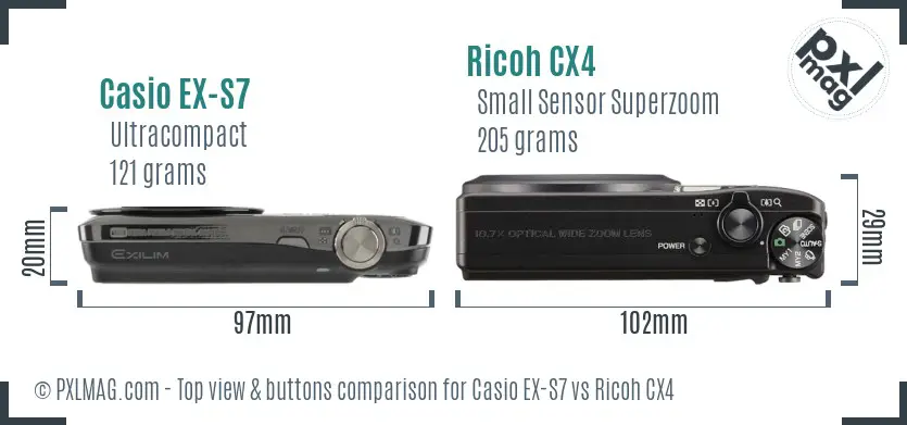 Casio EX-S7 vs Ricoh CX4 top view buttons comparison