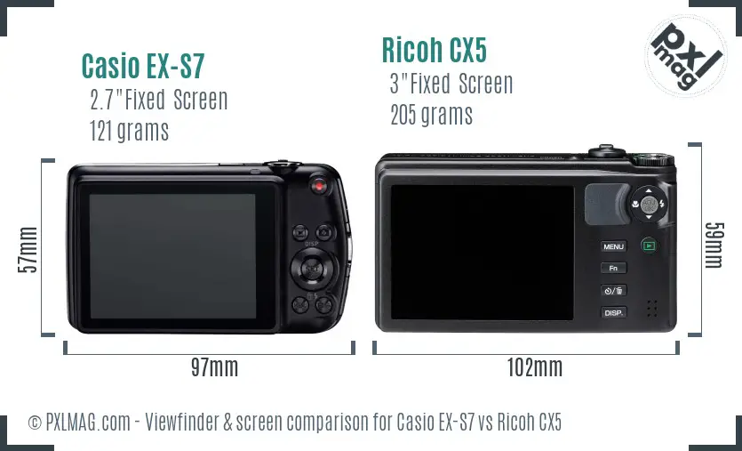Casio EX-S7 vs Ricoh CX5 Screen and Viewfinder comparison