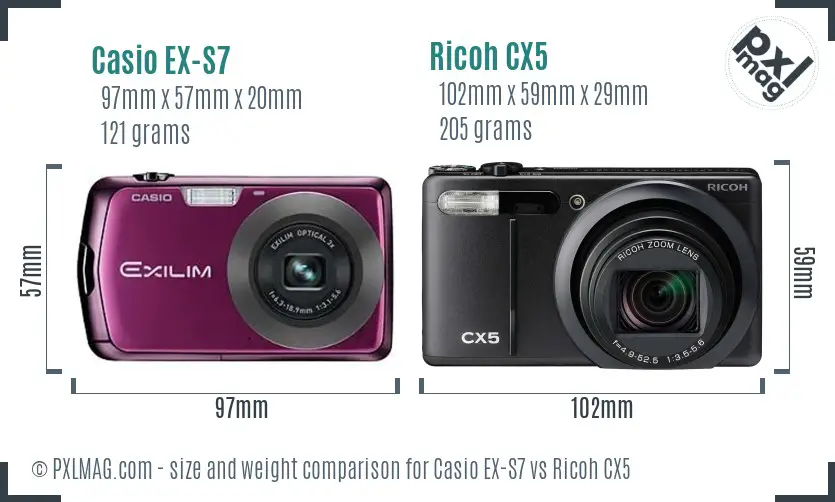 Casio EX-S7 vs Ricoh CX5 size comparison