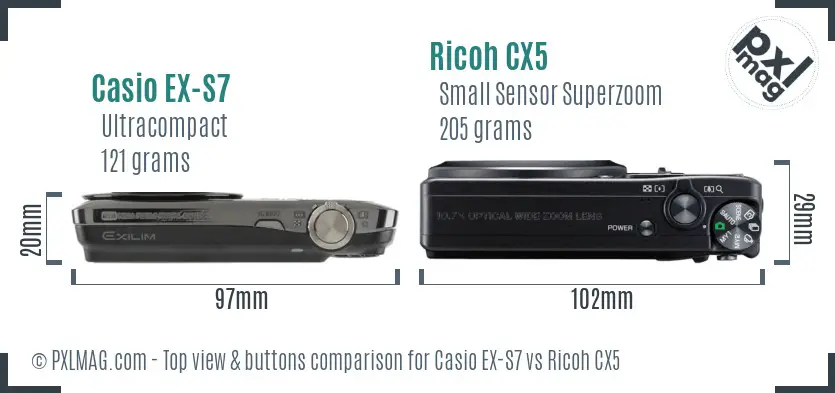 Casio EX-S7 vs Ricoh CX5 top view buttons comparison