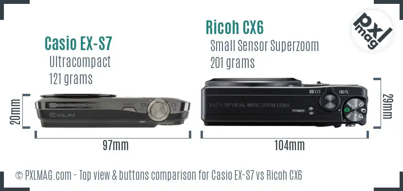 Casio EX-S7 vs Ricoh CX6 top view buttons comparison