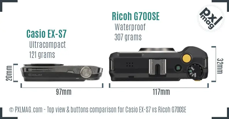 Casio EX-S7 vs Ricoh G700SE top view buttons comparison