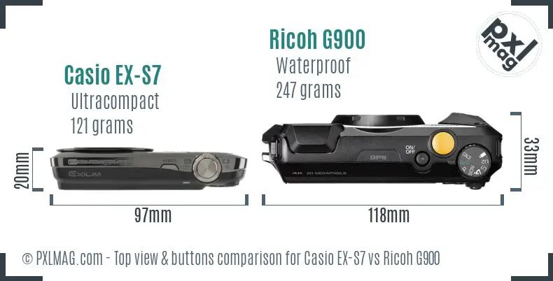 Casio EX-S7 vs Ricoh G900 top view buttons comparison