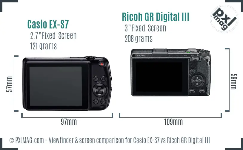 Casio EX-S7 vs Ricoh GR Digital III Screen and Viewfinder comparison