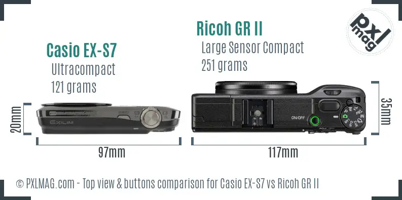 Casio EX-S7 vs Ricoh GR II top view buttons comparison Casio EX-S7 vs Ricoh GR II top view buttons comparison