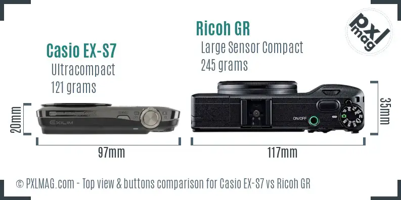 Casio EX-S7 vs Ricoh GR top view buttons comparison