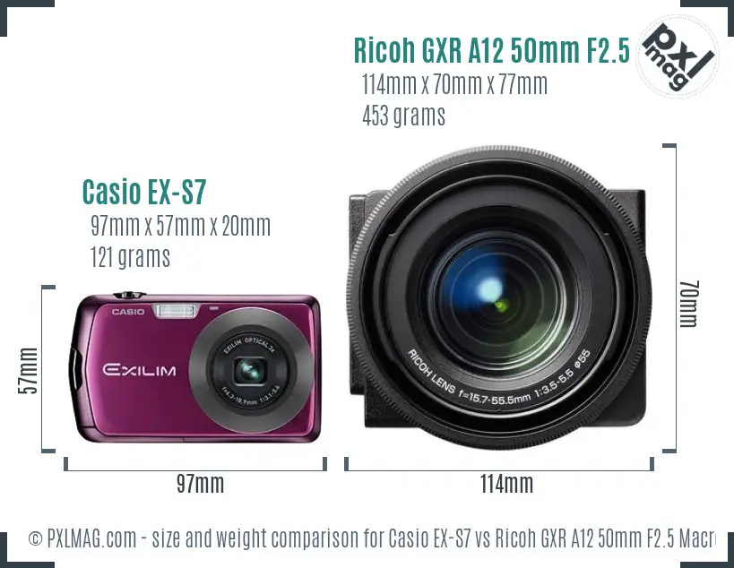Casio EX-S7 vs Ricoh GXR A12 50mm F2.5 Macro size comparison