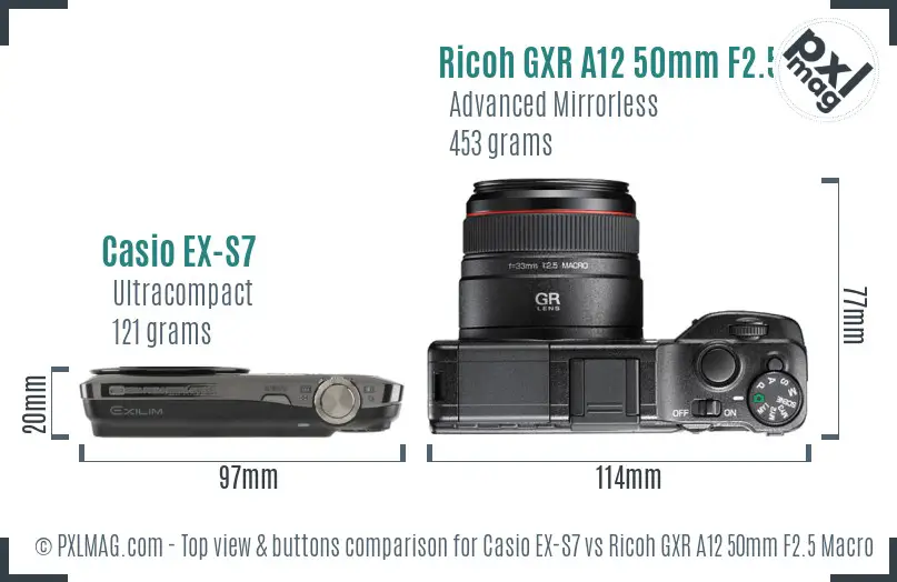 Casio EX-S7 vs Ricoh GXR A12 50mm F2.5 Macro top view buttons comparison