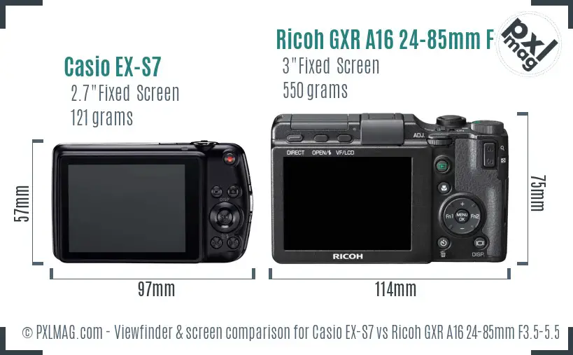 Casio EX-S7 vs Ricoh GXR A16 24-85mm F3.5-5.5 Screen and Viewfinder comparison