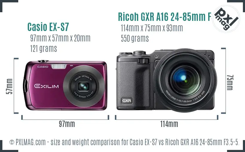 Casio EX-S7 vs Ricoh GXR A16 24-85mm F3.5-5.5 size comparison
