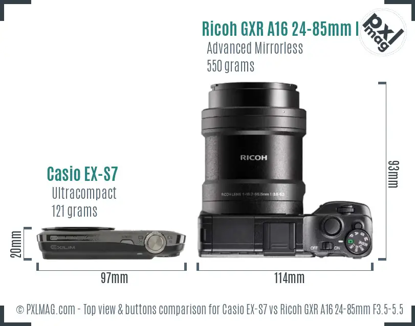 Casio EX-S7 vs Ricoh GXR A16 24-85mm F3.5-5.5 top view buttons comparison