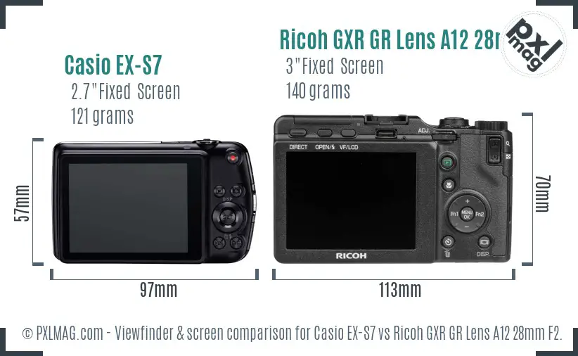 Casio EX-S7 vs Ricoh GXR GR Lens A12 28mm F2.5 Screen and Viewfinder comparison