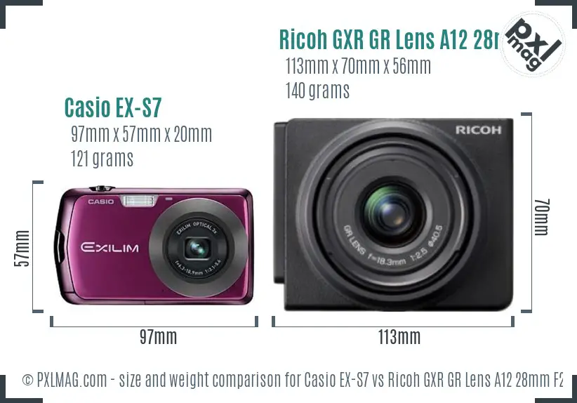 Casio EX-S7 vs Ricoh GXR GR Lens A12 28mm F2.5 size comparison