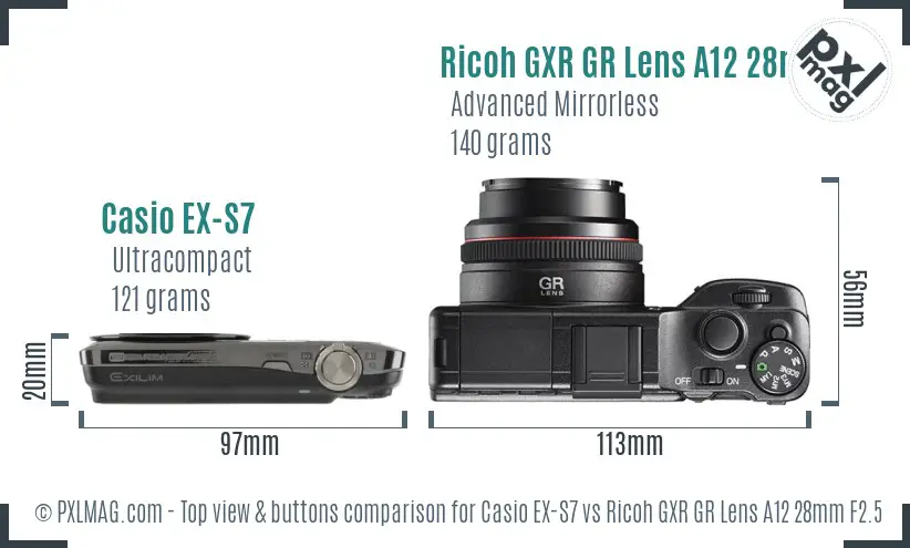 Casio EX-S7 vs Ricoh GXR GR Lens A12 28mm F2.5 top view buttons comparison