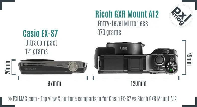 Casio EX-S7 vs Ricoh GXR Mount A12 top view buttons comparison