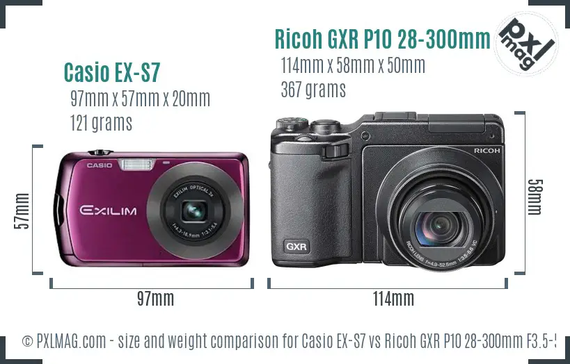 Casio EX-S7 vs Ricoh GXR P10 28-300mm F3.5-5.6 VC size comparison