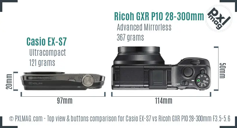 Casio EX-S7 vs Ricoh GXR P10 28-300mm F3.5-5.6 VC top view buttons comparison