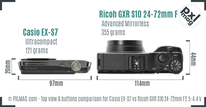 Casio EX-S7 vs Ricoh GXR S10 24-72mm F2.5-4.4 VC top view buttons comparison