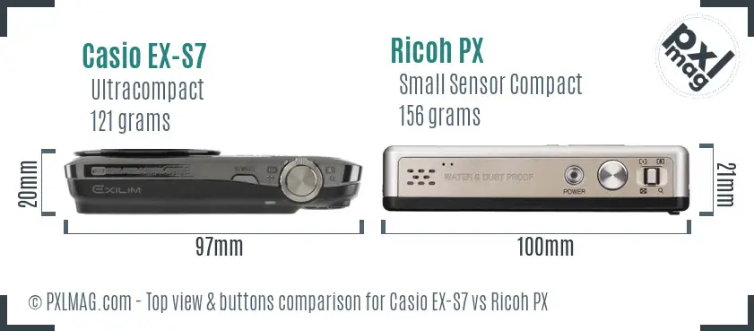 Casio EX-S7 vs Ricoh PX top view buttons comparison