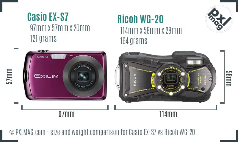 Casio EX-S7 vs Ricoh WG-20 size comparison