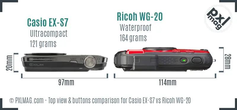Casio EX-S7 vs Ricoh WG-20 top view buttons comparison