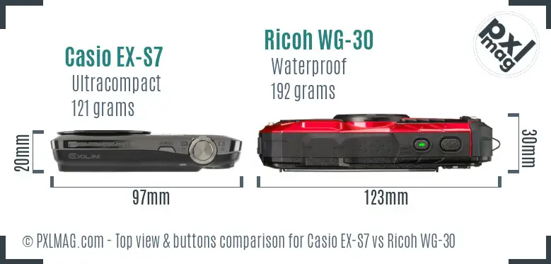 Casio EX-S7 vs Ricoh WG-30 top view buttons comparison