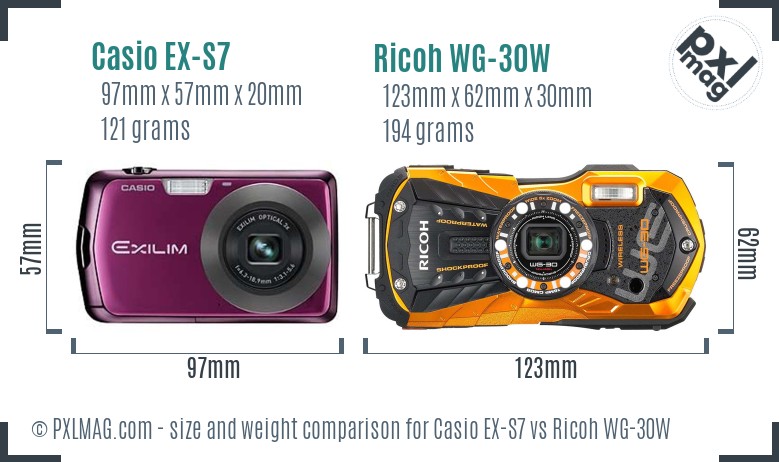 Casio EX-S7 vs Ricoh WG-30W size comparison