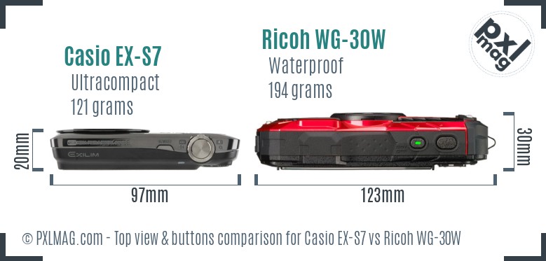 Casio EX-S7 vs Ricoh WG-30W top view buttons comparison