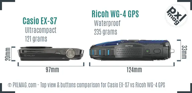Casio EX-S7 vs Ricoh WG-4 GPS top view buttons comparison